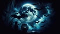 Enchanted Halloween Night with Full Moon and Bats, AI Generated