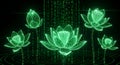 Glowing Green Digital Lotus Flowers in Matrix Code Rain Royalty Free Stock Photo