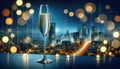 Elegant Champagne Glass with Sparkling Wine Over Cityscape Background, AI Generated Royalty Free Stock Photo