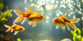 Three colorful goldfish swim gracefully in a serene aquarium. Their vibrant orange scales reflect the light beautifully Royalty Free Stock Photo
