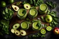 A captivating image featuring glass jar mugs filled with a vibrant green health smoothie.