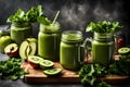 A captivating image featuring glass jar mugs filled with a vibrant green health smoothie. The composition showcases a nutritious