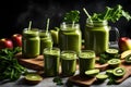 A captivating image featuring glass jar mugs filled with a vibrant green health smoothie.