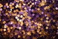 A captivating image featuring a lively assortment of circles in purple and gold colors, gold and purple abstract glitter confetti