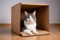 A cute cat sitting in a cardboard box looking out curiously with one paw resting in front