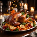 Close-up of a perfectly roasted Christmas turkey with cranberries and oranges on wooden table. Family meal, roasted chicken, shari