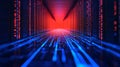 Futuristic Data Center Corridor Red and Blue Digital Server Racks and Network Lines AI generated. Royalty Free Stock Photo