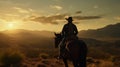 American cowboy sitting on horseback at sunset illustration.