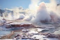 Captivating image of a geyser forcefully releasing steam into the sky, showcasing a mesmerizing sight of natures power, Steaming