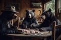 Ai Generative Group of bears playing poker at the table. Selective focus