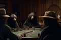 Ai Generative Group of bears playing poker at the table. Selective focus