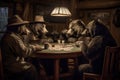 Ai Generative Group of bears playing poker at the table. Selective focus