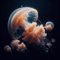 A captivating image of a group of orange and white jellyfish, gracefully floating in the deep blue ocean. Royalty Free Stock Photo
