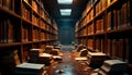 A dimly lit library aisle with towering bookshelves filled with countless books and scattered volumes on the floor Royalty Free Stock Photo