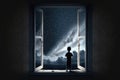 Little boy looking out of open window at night sky