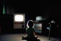 Ai Generative Little girl sitting on the floor in front of an old television