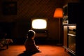 Ai Generative Little girl sitting on the floor in front of an old television