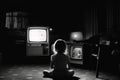 Ai Generative Little girl sitting on the floor in front of an old television