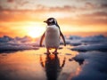 Antarctic Sunset with Adorable Penguin, AI Generated Royalty Free Stock Photo