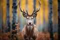 Captivating Image of a Majestic Red Deer Amidst the Golden Hues of an Autumn Birch Grove