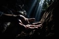 Man\'s hand on dark background with light beam. Close up Ai generative Royalty Free Stock Photo