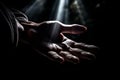 Man\'s hand on dark background with light beam. Close up Ai generative Royalty Free Stock Photo