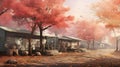 Hyper-realistic Sci-fi Concept Art: Old Buildings And Trees With Autumn Leaves