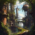A steampunk-inspired world where mechanical elements blend with nature