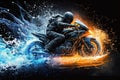 Motorcycle rider in helmet riding on fast sport motorcycle on fire background