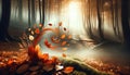 Enchanted Autumn Forest with Swirling Leaves, AI Generated Royalty Free Stock Photo