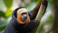 Agile Arboreal Acrobat Vivid New World Saki Monkey Soaring Through Forest Canopy, Showcasing the Playful Energy and Vibrant Colors