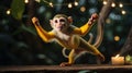 Squirrel Monkey Leaping Elegantly in Forest Setting, illuminated by soft fairy lights and candle Royalty Free Stock Photo