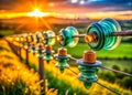 Rustic Rural Powerline Detail Closeup of Electric Fence Insulators Against a Soft Bokeh Background Capturing the