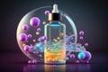 Cosmetic liquid in a glass bottle on a background of bubbles