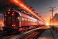 The Panoramic Journey of the Magnificent Red Motorized Train on Rails, Enveloped by the Sunset\'s Splendor. AI generated