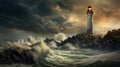 An old lighthouse stands tall on a rocky cliff amidst a raging sea under a stormy sky