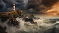 An old lighthouse stands tall on a rocky cliff amidst a raging sea under a stormy sky