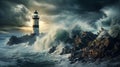 An old lighthouse stands tall on a rocky cliff amidst a raging sea under a stormy sky