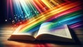 Magical Open Book with Rainbow Light Beams, AI Generated Royalty Free Stock Photo