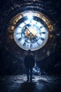 time travel concept. man looking a at a fantasy clock face. Royalty Free Stock Photo