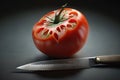 Tomato and knife on a black background