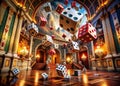 A Dramatic Interior Scene Falling Dice and Cards Capture the Thrill and Chance of a HighStakes Gambling Game Royalty Free Stock Photo