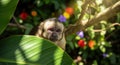 Adorable White Faced Capuchin Monkey Portrait Peeking From Behind Lush Green Leaf Royalty Free Stock Photo