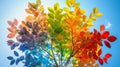 Vibrant Spectrum: Rainbow-Colored Leaves Adorn Majestic Tree Canopy Royalty Free Stock Photo