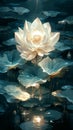 Stylized, radiant white lotus flower illuminated in dark waters surrounded by glowing lily pads in an ethereal setting Royalty Free Stock Photo