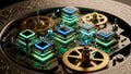 Futuristic AI Processors and Mechanical Gears on Circuit Board Royalty Free Stock Photo