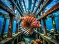 Exploring an Abandoned Underwater Structure Invasive Red Lionfish Pose a Threat to Marine Ecosystems in Urban Royalty Free Stock Photo