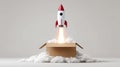 Conceptual Launch of Rocket from Box with Orange Smoke in Creative Minimalist Style.Generative AI Royalty Free Stock Photo
