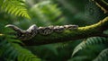 Royal Python Lounging on a Mossy Branch in a Lush Green Forest, Exotic Snake. Royalty Free Stock Photo