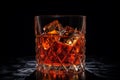 Close-up shot of a freshly poured Sazerac cocktail. Dark background.